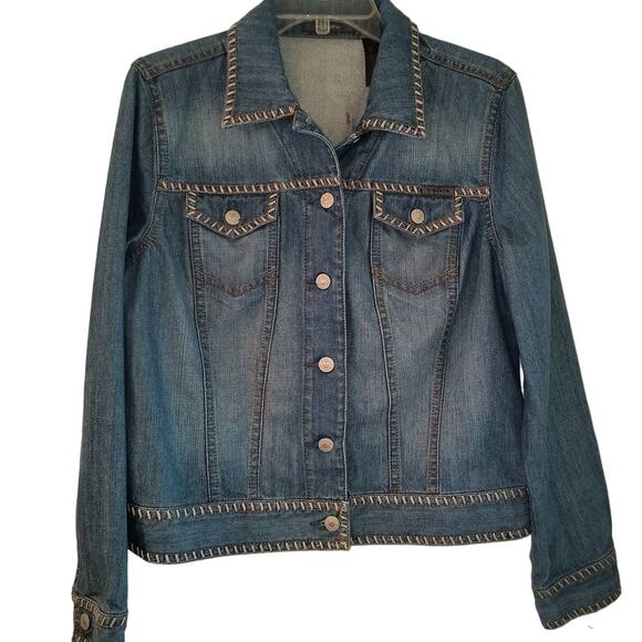 Liz Claiborne Denim Jean Jacket Women's Size L Stitching Button Up Pockets Y2k - Picture 1 of 14
